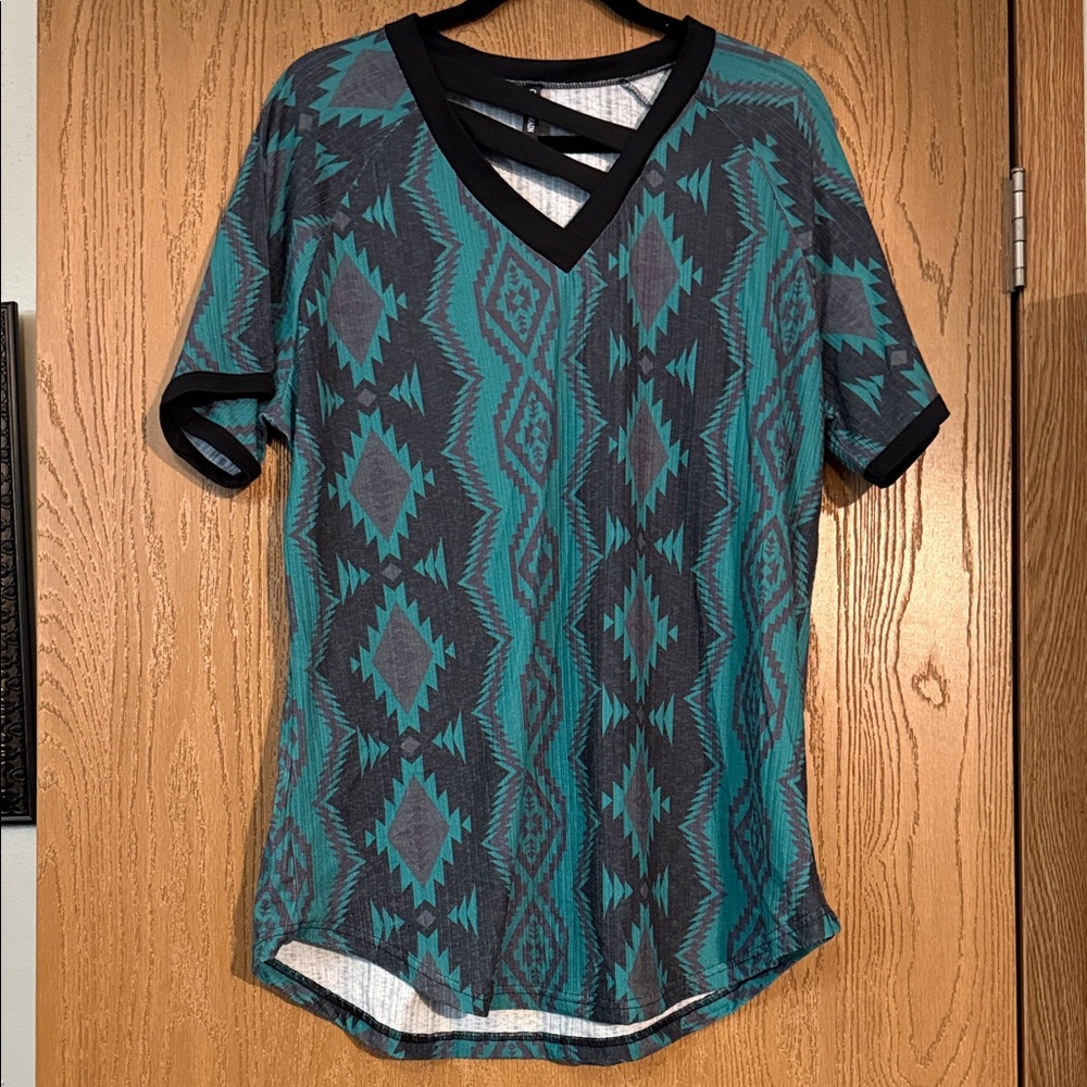 Crazy Train Aztec V-Neck Tee - Teal and Black